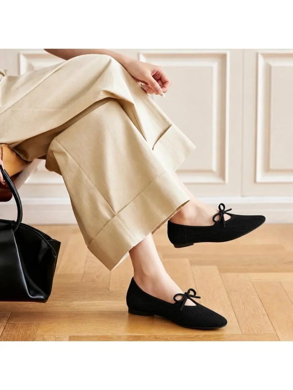 Women's Black Pointed Toe Flats Comfortable Knit Ballet Shoes Washable Dressy
